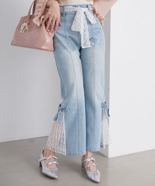 franche lippee デニム テーパード リボン M 水色.2463 franche lippee デニム テーパード リボン M 水色.2463