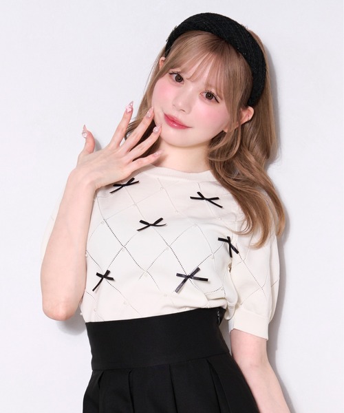 トゥララ　リズリサ　ボーダー　ニット　ファー　ブラウン　リボン　パールボタン apres jour ニット セーター リボンパールニット レディース