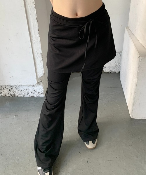 黒 スカート付きフレアパンツ　Lサイズ lilful パンツ ラップスカート付き アメリカン フェイク