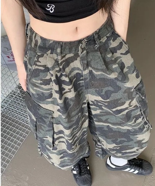 SHEENA カーゴパンツ カモフラ柄カーゴハーフパンツ レディース