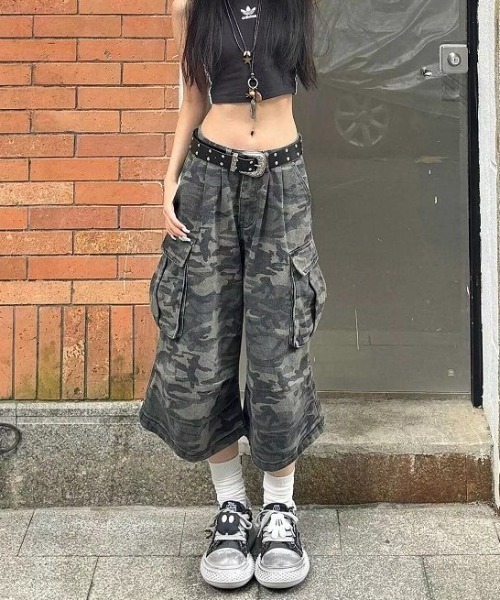 SHEENA カーゴパンツ カモフラ柄カーゴハーフパンツ レディース