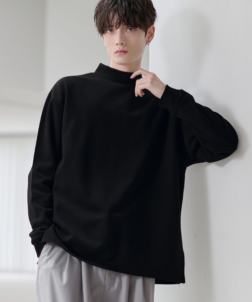 tシャツ コットンポンチ/フェイクスウェード モックネックロングT