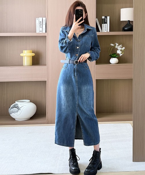 2ly2 ワンピース ベルト付き デニムシャツワンピース / 前開きロング