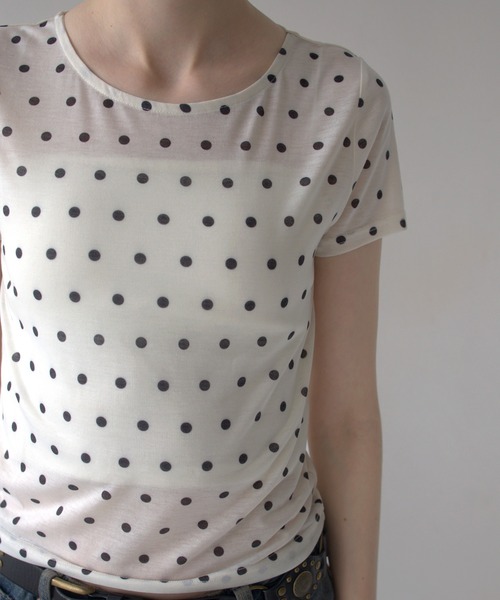  ドット柄 スリムフィット Tシャツ Lサイズ 半袖 レディース Mili affinity tシャツ ドット柄シアー半袖Tシャツ レディース