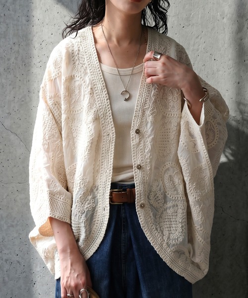 antiqua（アンティカ） カーディガン シアー ドルマン 刺繍レース