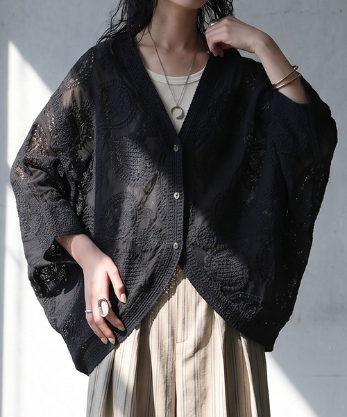 新品タグ付きClassic lace cardigan シアー 刺繍 ブラック antiqua（アンティカ） カーディガン シアー ドルマン 刺繍レース