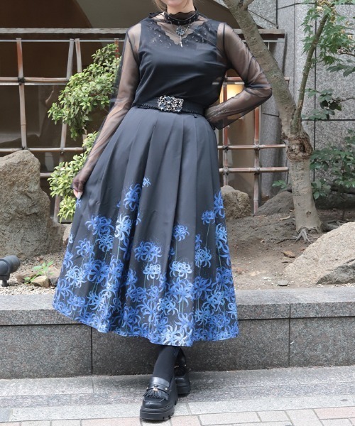 axes femme 彼岸花柄プリーツスカート フレア レース ブラック axes femme（アクシーズ ファム） スカート 彼岸花柄SK : ZOZOTOWN