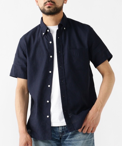 BEAMS＋ ボタンダウンシャツ L ネイビー 日本製 リネン混 新品未使用 BEAMS+（ビームスプラス） シャツ 「ビームスの百名品」COOLMAX(R