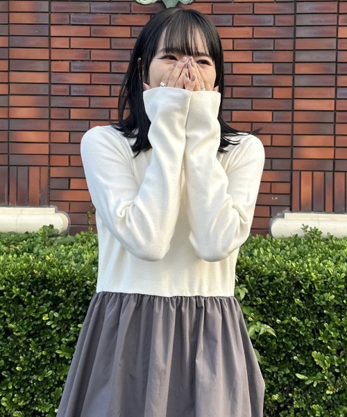 ワンピース 「かほこ。さんコラボ」タートルネックニット異素材ドッキングワンピース