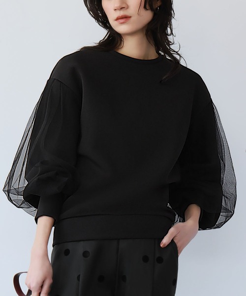美品 ノーブル ダンボール素材 ボリュームスリーブ スウェット 白ゆったり ELFRANK tシャツ 異素材ドッキングボリューム袖ダンボールニット