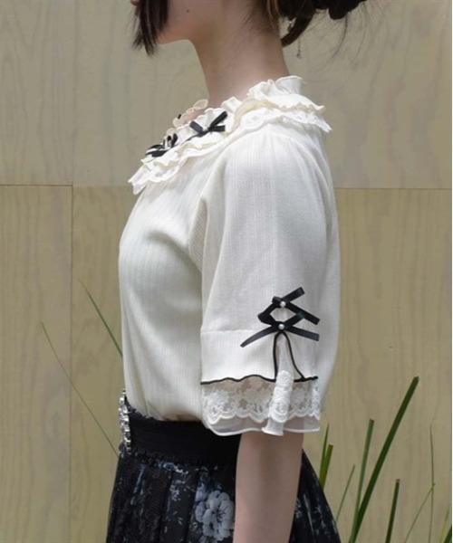 axes femme - axes femme レースリボン刺繍 カットソー axes femme（アクシーズ ファム） tシャツ 半袖 リボン×レース×フリル