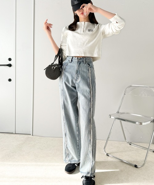 tシャツ 「mily bilet」指先も胸元も、あざと可愛い。ロゴ刺繍ヘンリーネッククロップドテレコリブカットソー レディース | mily bilet | 09
