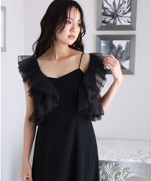 ドレス ミモレ丈＆袖なしフォーマルプリーツチュール同窓会セレモニー  