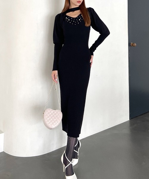 ROYAL PARTY（ロイヤルパーティー） ワンピース パール付ニットタイト