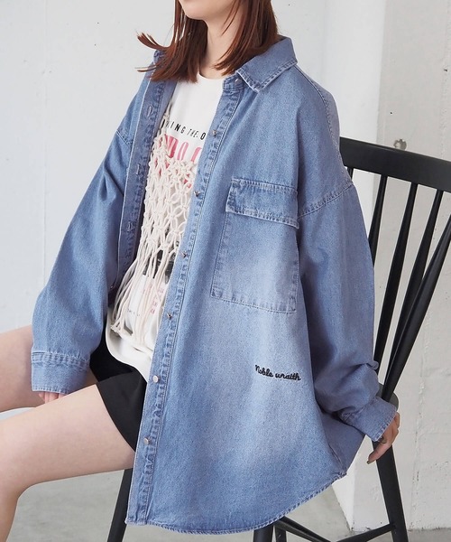 ブラウス シャツ ワンポイント刺繍デニムBIGシャツジャケット レディース