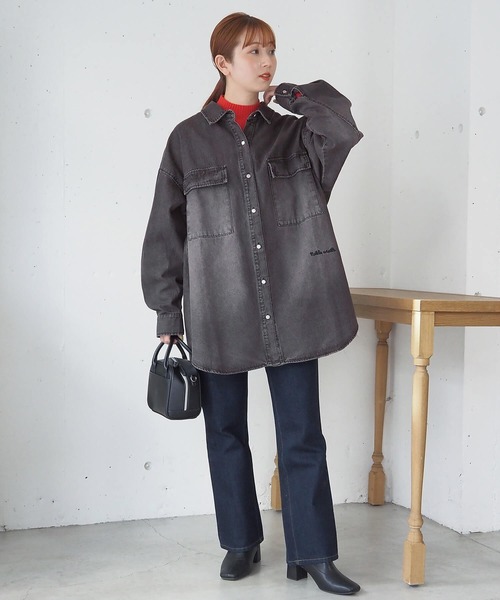 ブラウス シャツ ワンポイント刺繍デニムBIGシャツジャケット レディース tiptop ブラウス シャツ ワンポイント刺繍デニムBIGシャツ