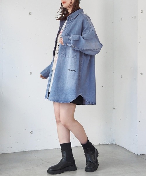 ブラウス シャツ ワンポイント刺繍デニムBIGシャツジャケット レディース tiptop ブラウス シャツ ワンポイント刺繍デニムBIGシャツ