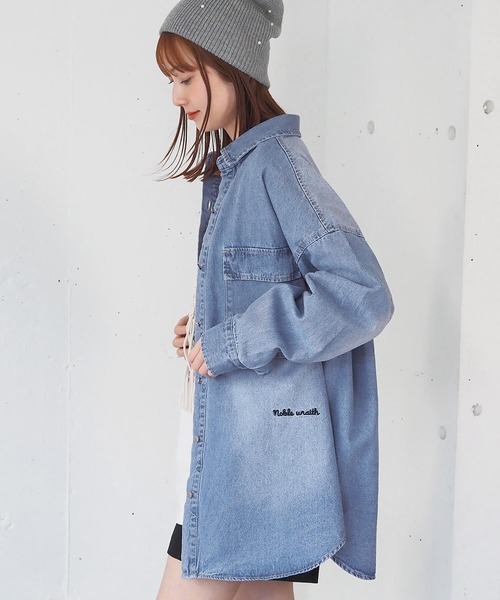 ブラウス シャツ ワンポイント刺繍デニムBIGシャツジャケット レディース tiptop ブラウス シャツ ワンポイント刺繍デニムBIGシャツ