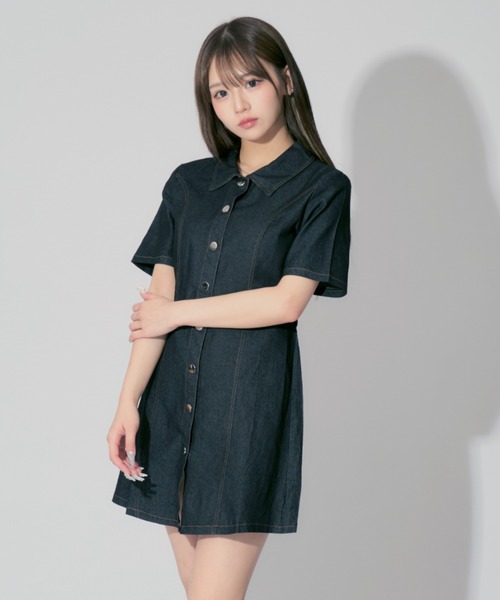 ALLuRing ChaRm ワンピース 夏 半袖 Stitch Denim Mini Dress