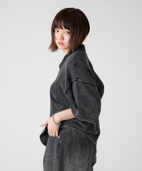 ルーズ ストリート ポロシャツ ヴィンテージライク 韓国 cr9667 kutir シャツ VINTAGE LIKE DOUBLE ZIP KNIT SHIRT/ヴィンテージ