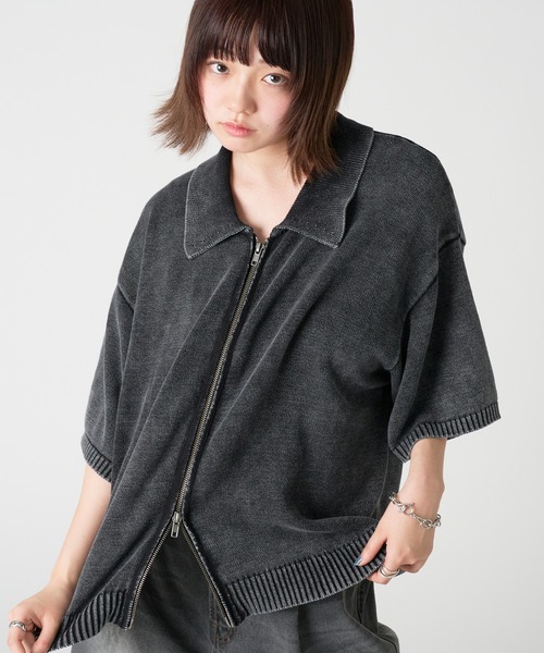 ルーズ ストリート ポロシャツ ヴィンテージライク 韓国 nr9667 kutir シャツ VINTAGE LIKE DOUBLE ZIP KNIT SHIRT/ヴィンテージ
