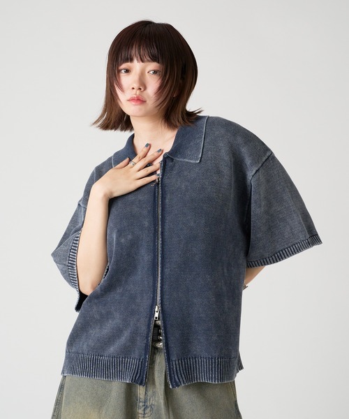 ルーズ ストリート ポロシャツ ヴィンテージライク 韓国 cr9667 kutir シャツ VINTAGE LIKE DOUBLE ZIP KNIT SHIRT/ヴィンテージ