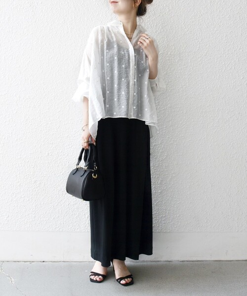 SHIPS any シアー ドット レギュラーカラー ギャザー シャツ　黒 SHIPS any ブラウス シャツ any:「手洗い可能」シアー ドット