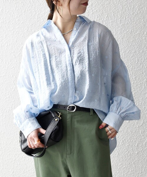 SHIPS any シアー ドット レギュラーカラー ギャザー シャツ　黒 追加予約》【WEB限定】SHIPS any:〈手洗い可能〉シアー ドット