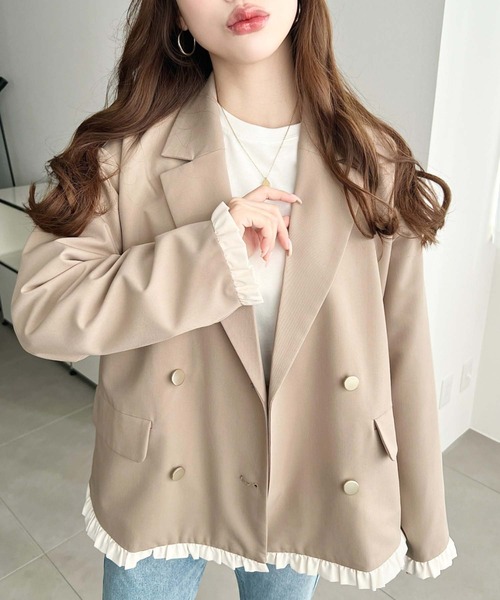 moment+ ジャケット テーラードジャケット マットゴールド釦配色フリル