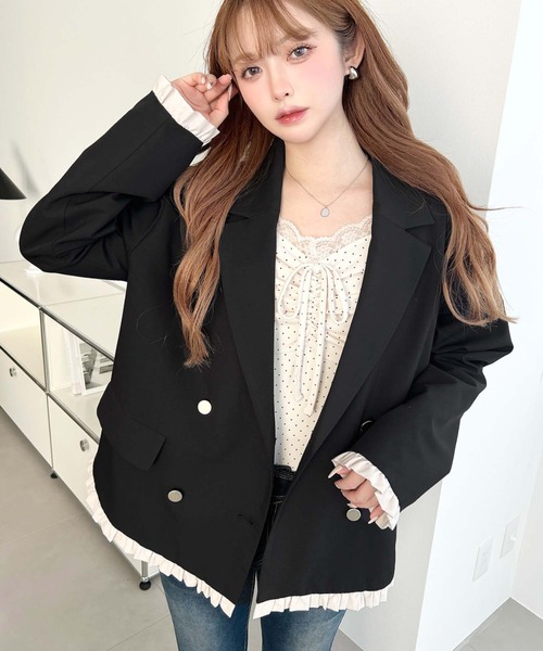 moment+ ジャケット テーラードジャケット マットゴールド釦配色フリル