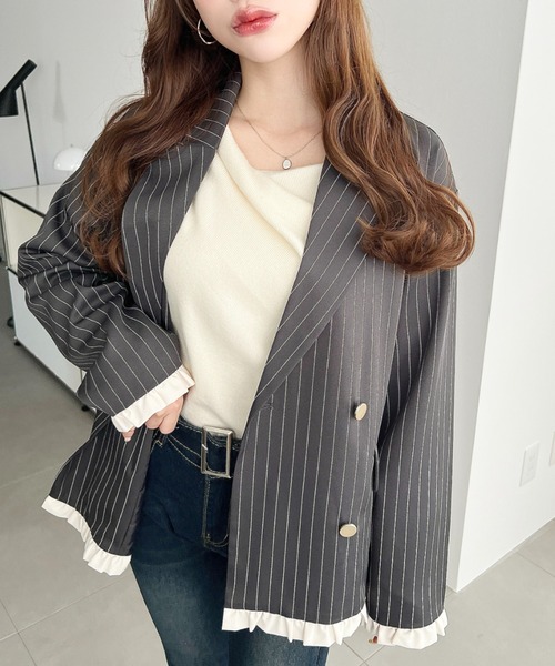 moment+ ジャケット テーラードジャケット マットゴールド釦配色フリル