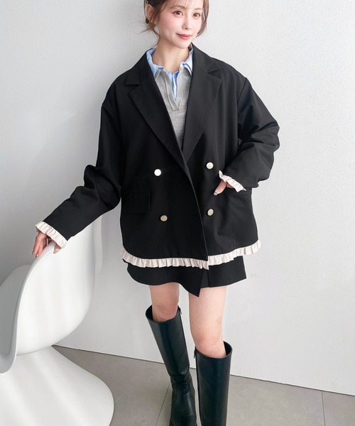 moment+ ジャケット テーラードジャケット マットゴールド釦配色フリル