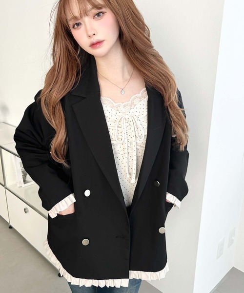 moment+ ジャケット テーラードジャケット マットゴールド釦配色フリル