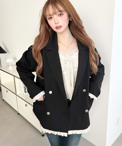 moment+ ジャケット テーラードジャケット マットゴールド釦配色フリル