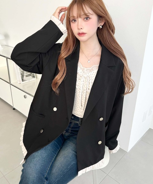 moment+ ジャケット テーラードジャケット マットゴールド釦配色フリル