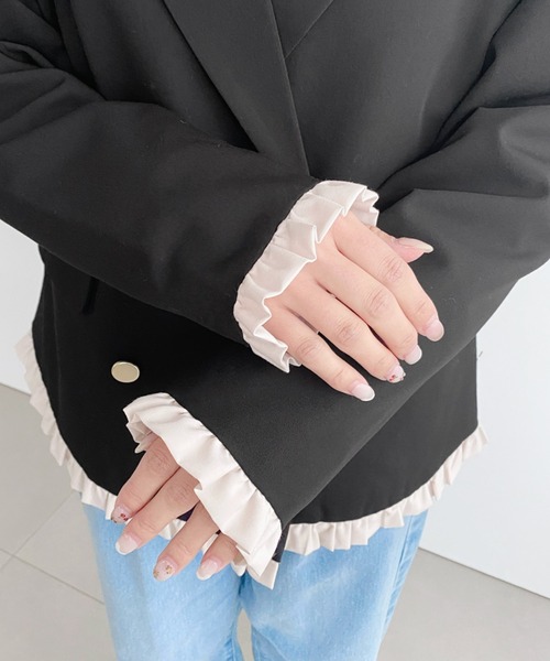 moment+ ジャケット テーラードジャケット マットゴールド釦配色フリル