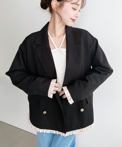 moment+ ジャケット テーラードジャケット マットゴールド釦配色フリル