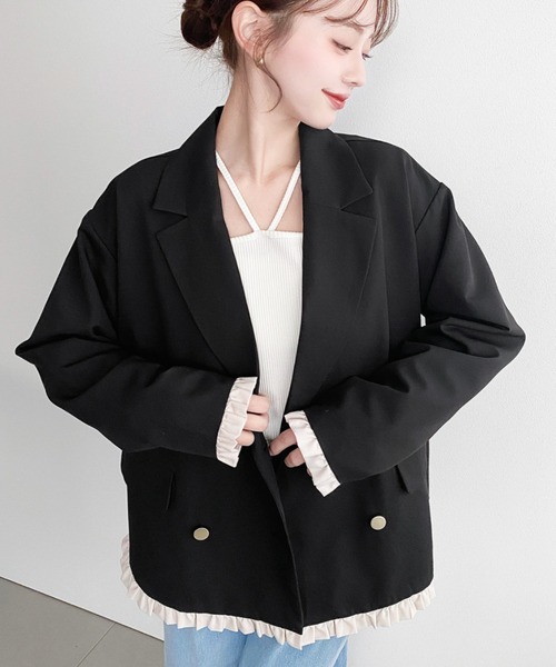 moment+ ジャケット テーラードジャケット マットゴールド釦配色フリル