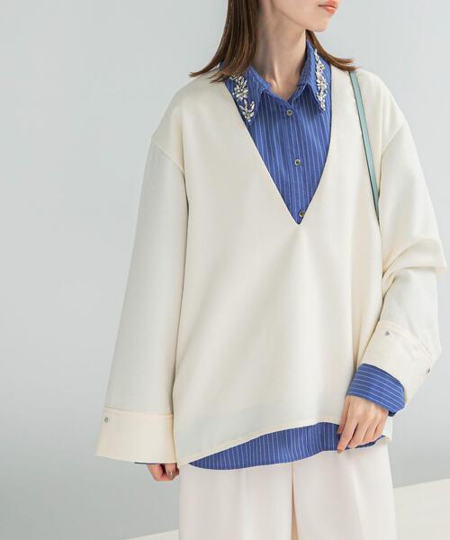 ブラウス シャツ ツイード深Vネックプルオーバー レディース