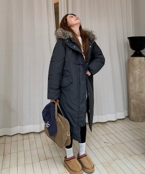 ダウンコート ダウンジャケット トグルボタン エコファー付きフード