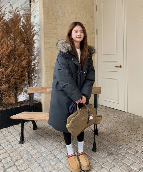 ダウンコート ダウンジャケット トグルボタン エコファー付きフード