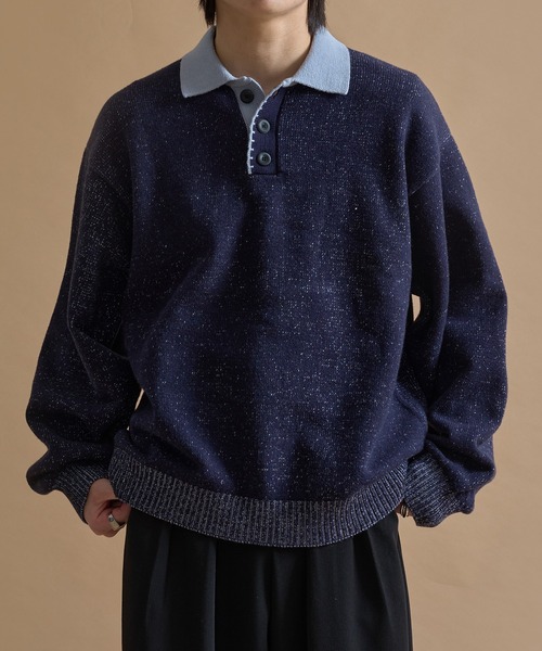 epnok セーター ニット バイカラールーズニットポロ メンズ レディース