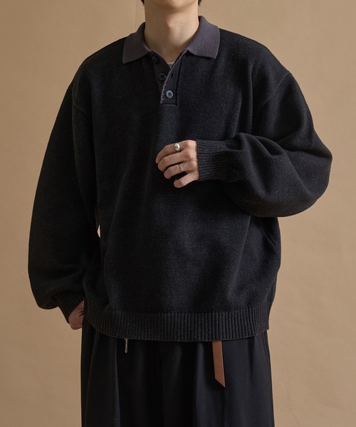 epnok セーター ニット バイカラールーズニットポロ メンズ レディース