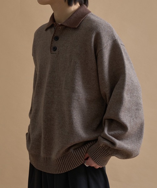 epnok セーター ニット バイカラールーズニットポロ メンズ レディース