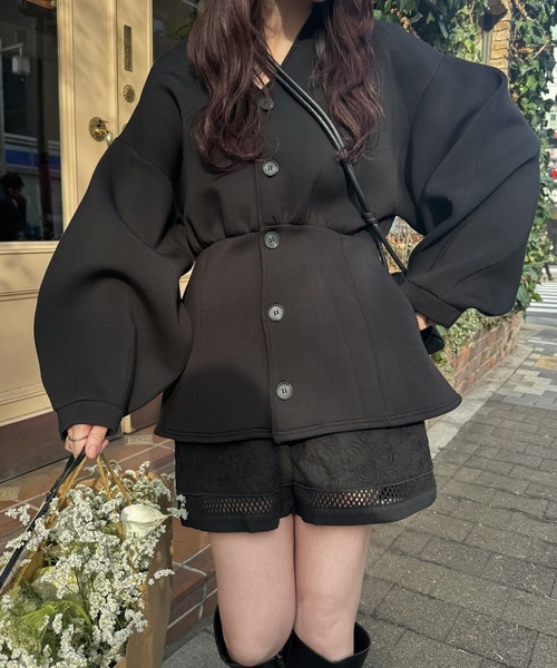 WILLFULLY（ウィルフリー） v neck volume sleeve peplum ponte tops volume peplum tops