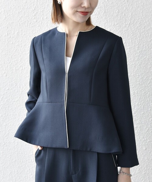 「SHIPS any」 ノーカラージャケット ONE SIZE ネイビー レディースの画像