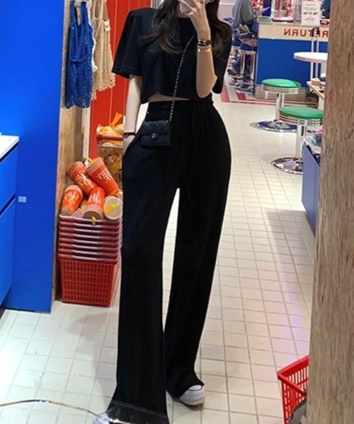 セットアップ クロップド T スリット入りワイドパンツ カジュアル