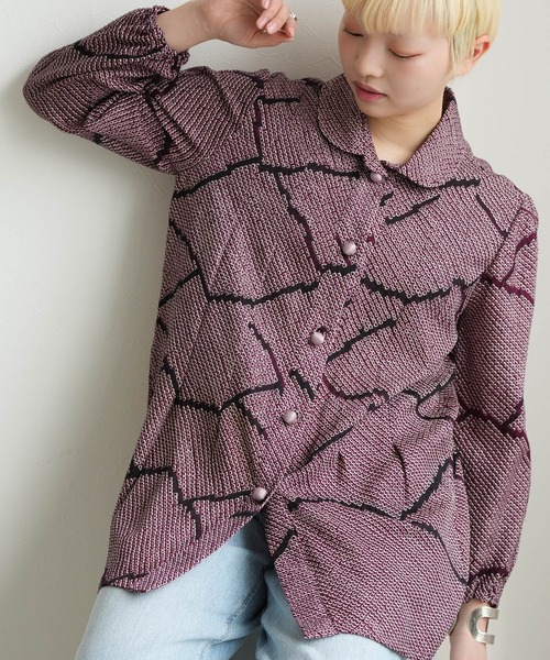 ブラウス シャツ 着物リメイク maison utatane シャツ/ブラウス 静寂の紫黒絞り レディースの画像
