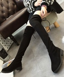 新品　大きいサイズ　8　ブラックレザー ニーハイブーツ バックル付き　革　41 STYLEBLOCK（スタイルブロック） ブーツ バックリボンローヒール