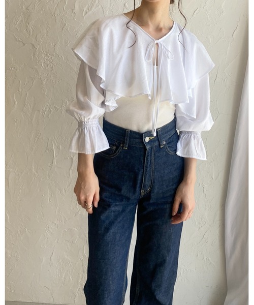ブラウス シャツ ビッグフリルカラーフォロントリボンブラウス レディース She's Closet ブラウス シャツ フリルカラービッグ襟ショート丈